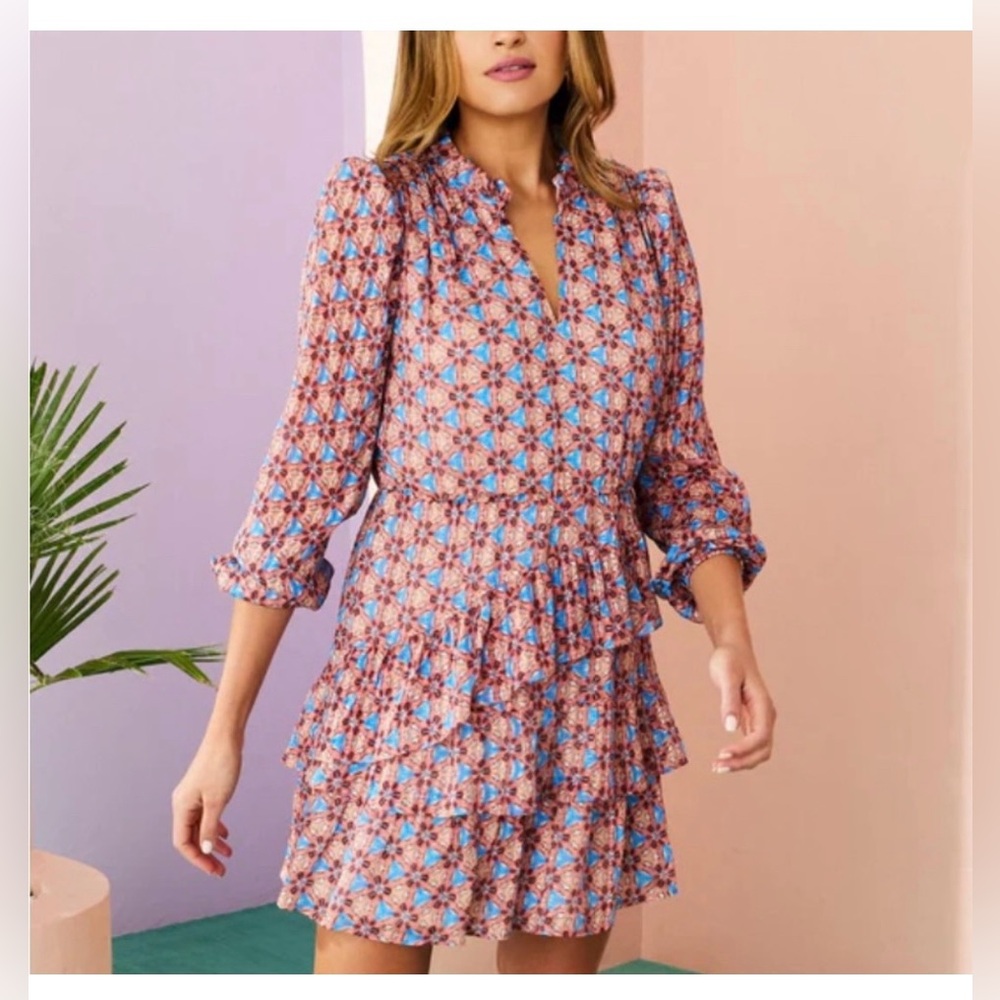 Marie Oliver Alana Geometric Print Silk Blend Long Sleeve Mini Dress Size M